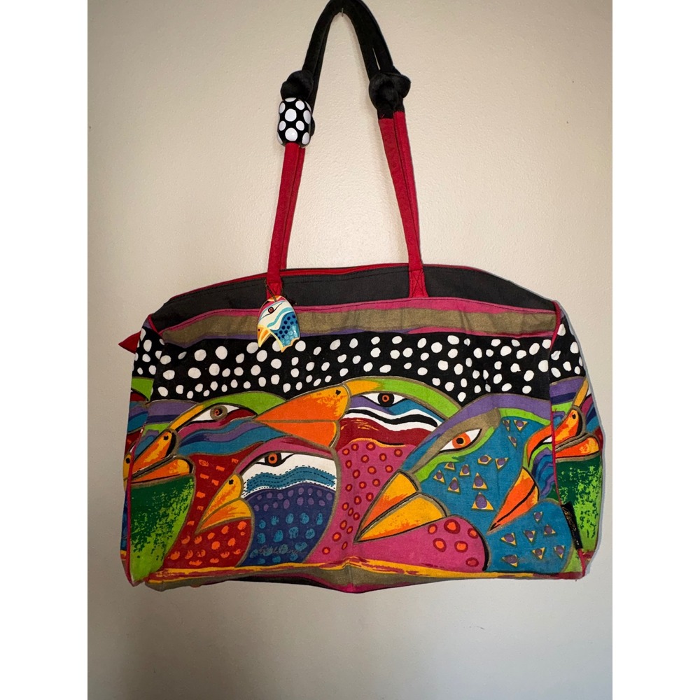 Laurel Burch Canvas Tote Bag Abstract Bird Art Print Zip Shoulder Bag Travel